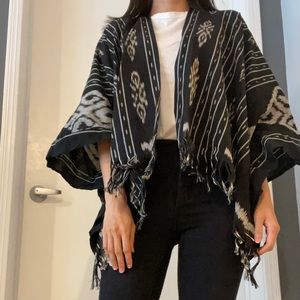Lightweight Handwoven Black & Grey Poncho with Frills